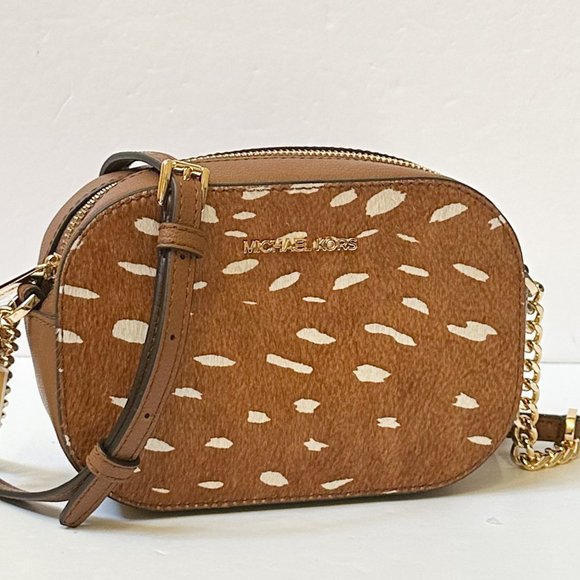 Michael Kors Rose Small Oval Camera Crossbody Bag Exotic Print Brown Multi - Picture 2 of 13